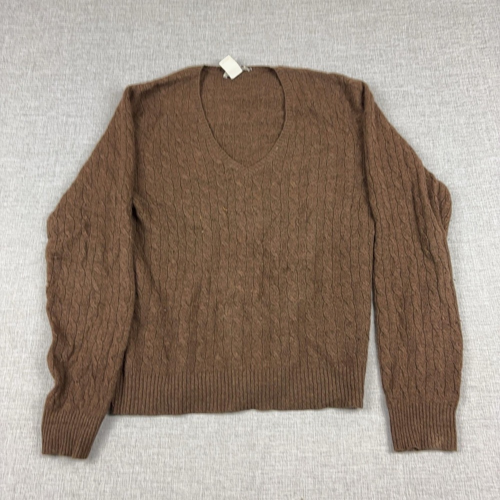 Tweeds Sweater Womens Large Brown V Neck Cable-Knit 100% Cashmere Pullover
